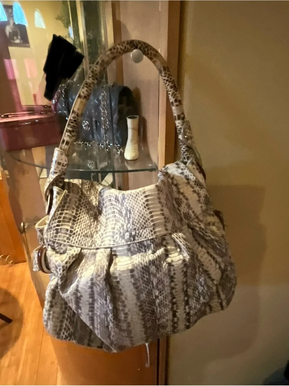Salvatore Ferragamo Cream and Brown 100% real snake skin Shoulder Bag